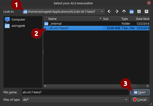 File selection dialog box titled 'Select your ALS executable.' The dialog box is used to navigate through directories and select a specific file. The directory path shown is /home/astrogeek/Applications/ALS/als-v0.7-beta7. The file als-v0.7-beta7 is highlighted and selected. The dialog box has three main labeled elements: 1. The 'Look in:' field showing the current directory path. 2. The file list area where the 'als-v0.7-beta7' file is selected. 3. The 'Open' button to confirm the selection and the 'Cancel' button to cancel the operation.