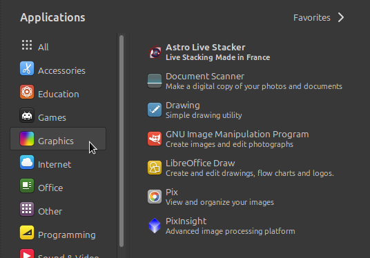 The image shows a section of a computer screen displaying the 'Applications' menu, specifically highlighting the 'Graphics' category. The menu lists various graphics-related applications available on the system, including Astro Live Stacker - Live Stacking Made in France.