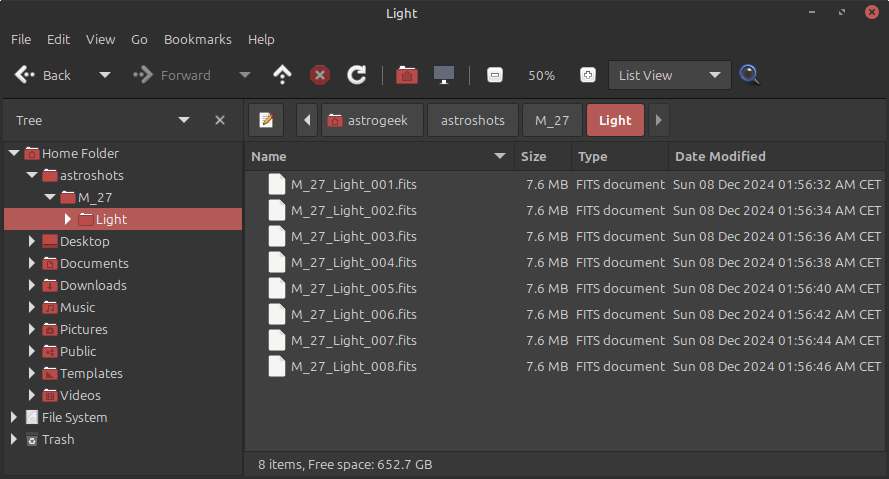 File manager window displaying the Light subfolder within the directory astroshots/M_27/Light, showing eight FITS files