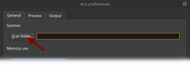 Screenshot of ALS preferences showing the General tab. A red arrow highlights the Scan folder button.