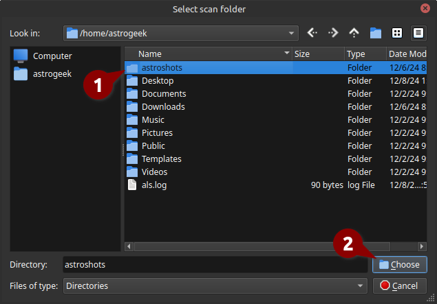 File selection dialog box titled 'Select scan folder' with the astroshots folder highlighted under the user astrogeek directory. The Choose button is highlighted, indicating the user is about to confirm the selection.