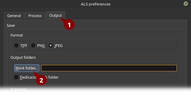 Screenshot of ALS preferences showing the Output tab. The Work folder field is highlighted.