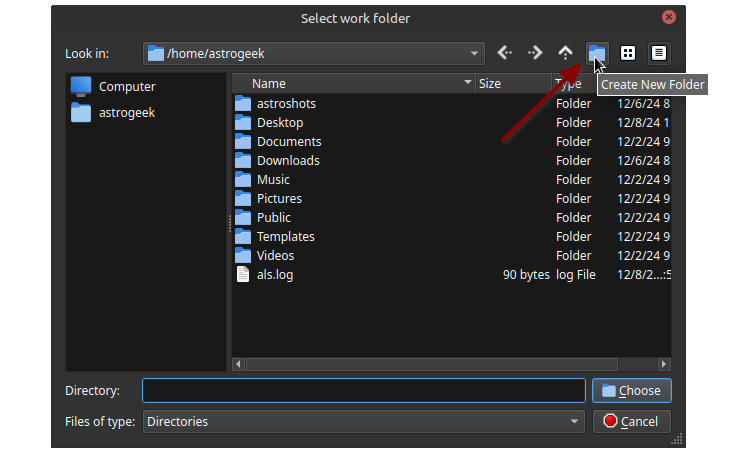 File selection dialog box titled 'Select work folder' displaying the contents of the directory /home/astrogeek, showing various folders and a log file. A red arrow points to the 'Create New Folder' button, indicating the option to create a new folder.