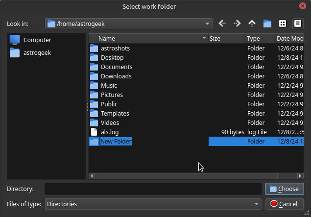 File selection dialog box titled 'Select work folder' displaying the contents of the directory /home/astrogeek. A newly created folder named 'New Folder' is highlighted in blue, ready to be renamed. The bottom part of the dialog box has fields for Directory and Files of type, with buttons labeled Choose and Cancel.