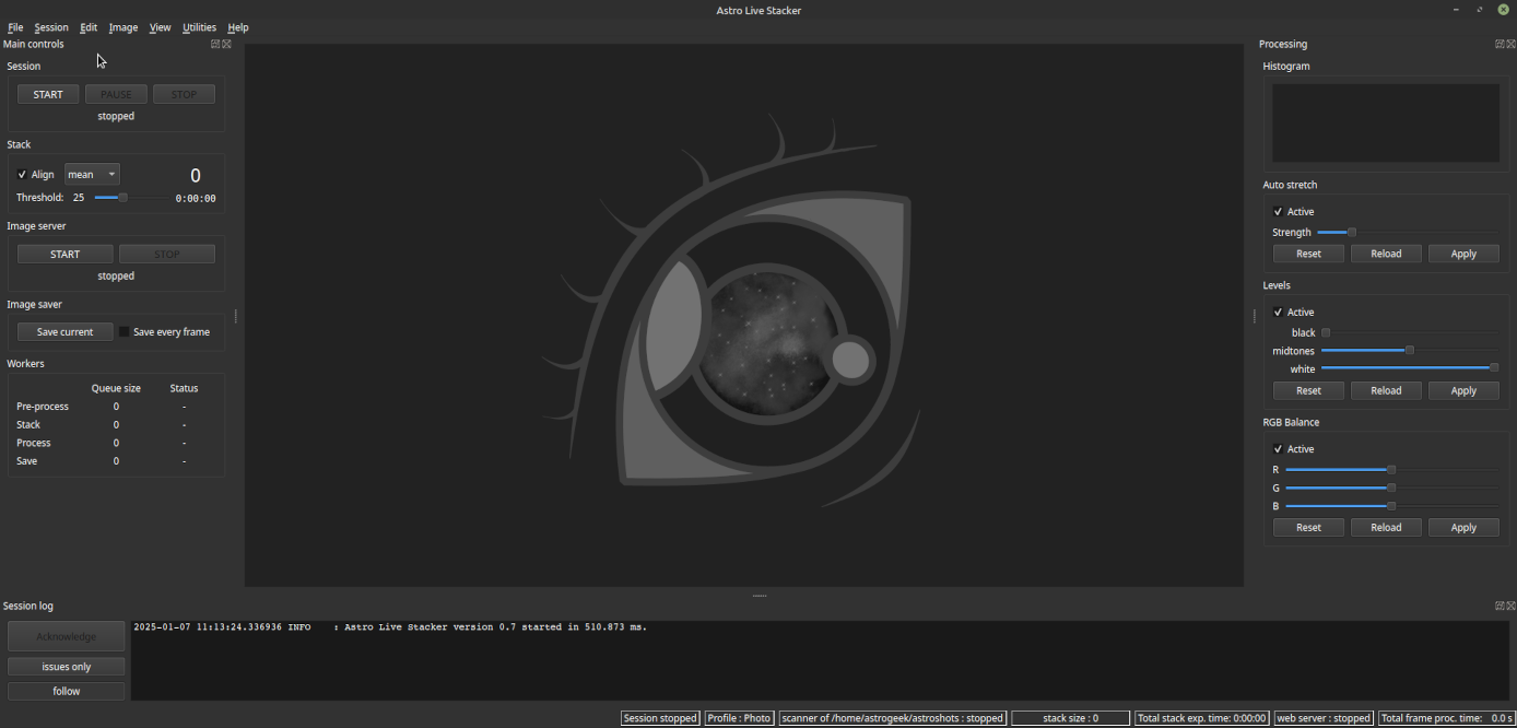 ALS main window showing a software interface for stacking astronomical images in real-time. The interface includes sections for main controls (start, pause, stop), stack settings (align, threshold), image server (start, stop), image saver (save current, save every frame), workers (queue size, status), processing (histogram, auto stretch, levels, RGB balance), and session log.