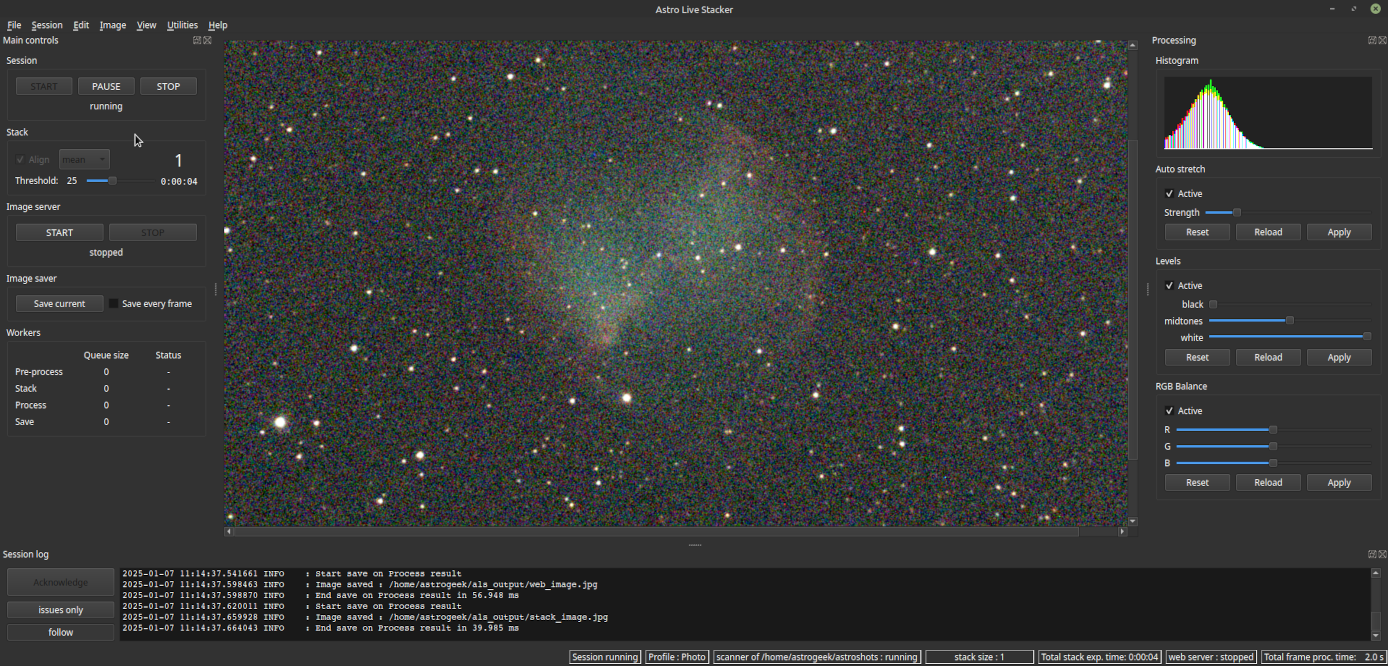 ALS main window after processing the first sub, displaying an initial, slightly noisy image of Messier 27 nebula with scattered stars. The session log shows successful processing messages. The processing panel on the right provides histogram and level adjustments, RGB balance, and auto stretch settings.