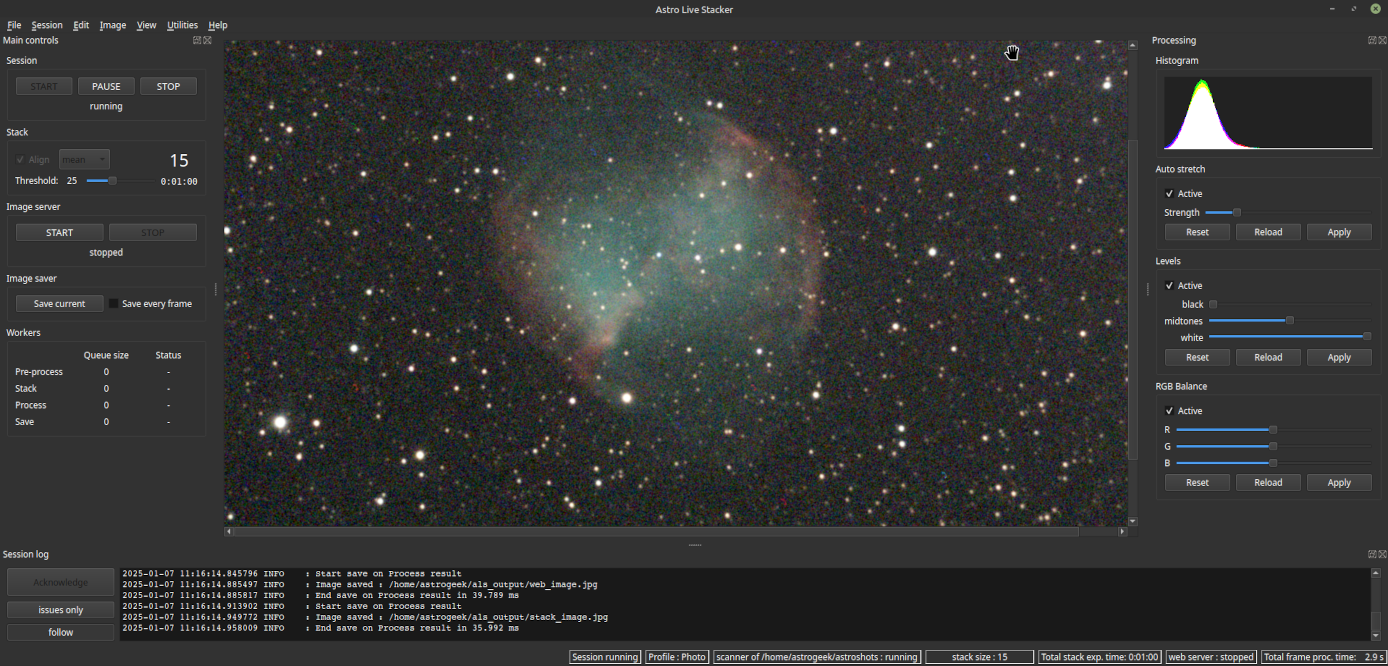 ALS main window after processing the 15th sub, displaying a less noisy and more detailed image of Messier 27 nebula with scattered stars. The session log shows successful processing messages. The processing panel on the right provides histogram and level adjustments, RGB balance, and auto stretch settings.