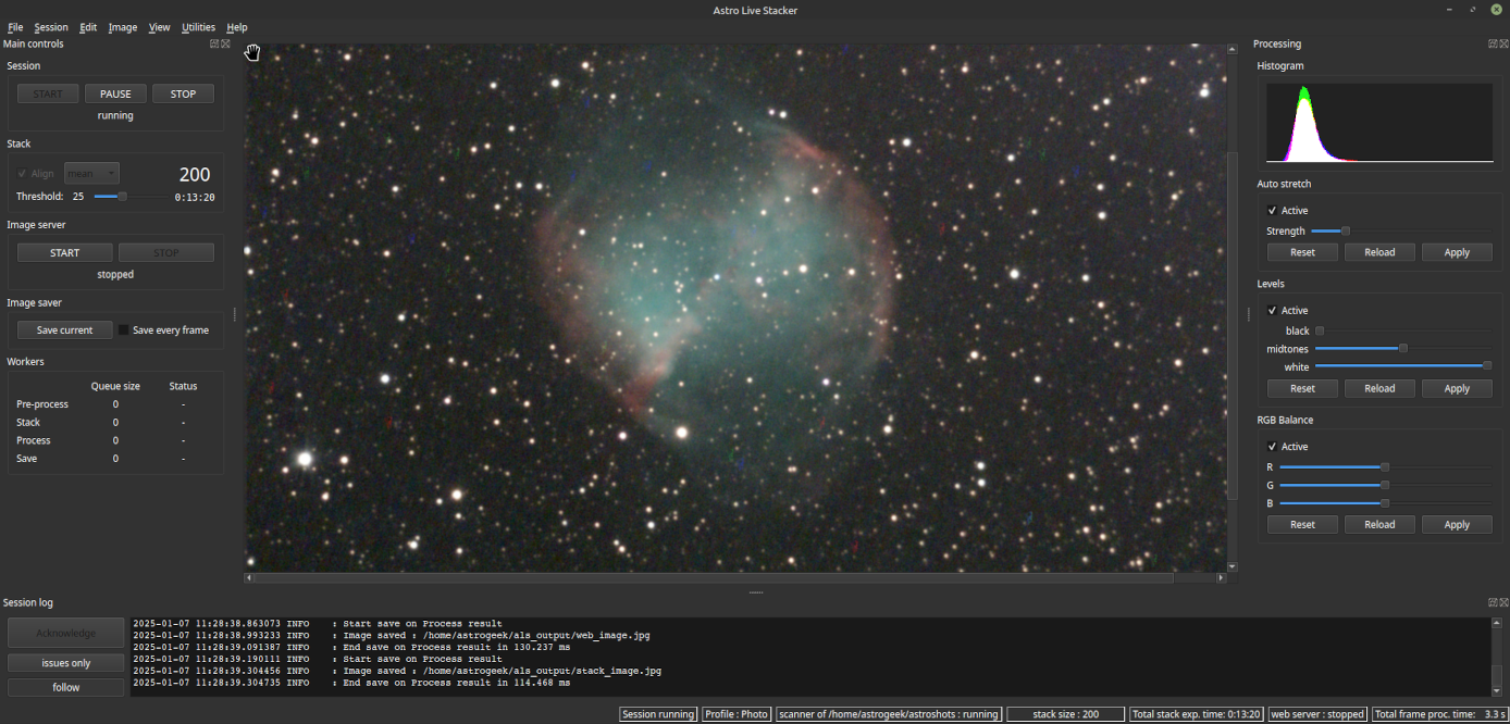 The Astro Live Stacker (ALS) main window after processing the 200th sub, displaying a smooth, detailed, and high-contrast image of the Messier 27 nebula with numerous stars. The session log at the bottom shows successful processing messages and the image saver panel on the left indicates that the images have been saved successfully. The right panel includes processing options such as histogram adjustments, auto stretch, levels, and RGB balance.