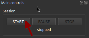 ALS main controls section with the Session subsection, showing the START, PAUSE, and STOP buttons. The START button is highlighted with a red arrow pointing to it. Below, indicators for Stack size (0) and Stack exposure (n/a) are displayed. The status reads 'stopped'.