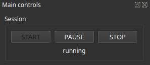 ALS main controls section with the Session subsection, showing the START, PAUSE, and STOP buttons. Below these buttons, indicators for Stack size (0) and Stack exposure (n/a) are displayed. The status reads 'running' with a red arrow pointing to it.