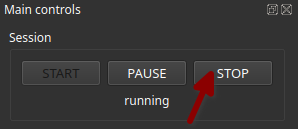 Main controls section in ALS software interface, specifically the Session area showing START, PAUSE, and STOP buttons. The STOP button is highlighted with a red arrow pointing to it. Below the buttons are Stack size (200) and Stack exposure (0:13:20). The status shows 'running'.