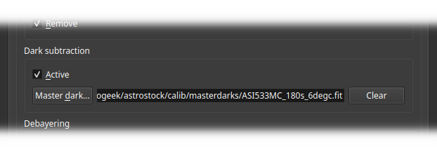 Software interface showing options to use dark subtraction, change the specified master dark path, and clear the path.