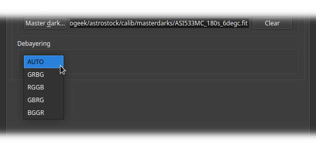 Software interface showing image processing preferences with options for setting Dark path and selecting Debayering pattern, including AUTO and various color filter array patterns.