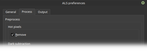 Software interface showing the Pre-Processing category with an option to Use hot pixel remover checked.