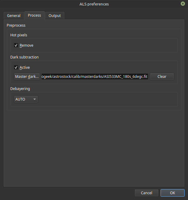 ALS preferences window with Process tab selected, showing settings for pre-processing images, including hot pixel remover, dark subtraction, and debayering pattern options, with paths specified and Change and Clear buttons.