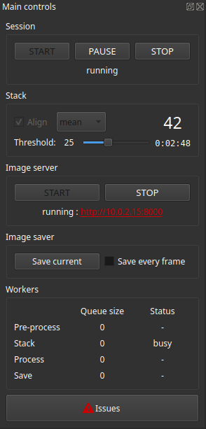 The main controls panel of ALS, with several sections: Session controls with START, PAUSE, and STOP buttons, Stack Size 39, Stack Exposure 0:02:36, Status started; Stack settings with Align, mean, and threshold slider at 19; Image server with START and STOP buttons, Status started with URL http://10.0.2.15:8000; Image saver with options Save current image and Save each image; Modules with Queue size and Busy status; Issues with a warning icon and the label Issues.