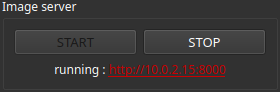 The image server section, containing the 2 buttons START (grayed out) and STOP, the status: started and the server URL