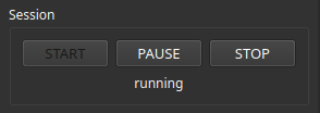 User interface of the session section showing the START, PAUSE, and STOP buttons. Below, information about the current session: Stack Size 39, Stack Exposure 0:02:36, and status started.