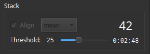 User interface of the stack section showing a checkbox labeled Align, checked, and a dropdown menu with the mean option selected. Below, a slider labeled Threshold set to 19, positioned towards the left side of its range.