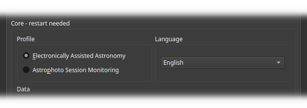 Software interface showing work folder settings with the path set to /home/astrogeek/sorties_als, and a Modify button to configure this path.