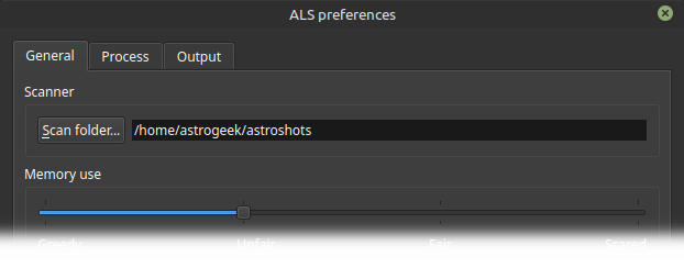 Software interface showing scan folder settings with the path set to /home/astrogeek/astroshots, and a Modify button to configure this path.