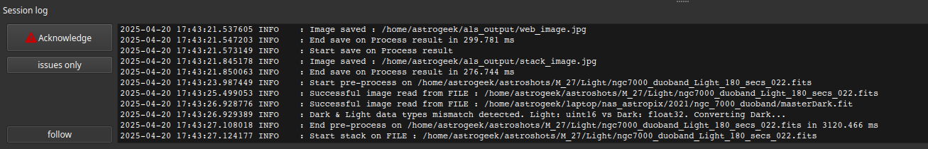 The ALS Session Log Panel displaying processing messages.