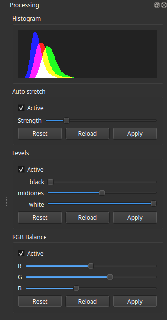 The ALS Processing Panel, including the Histogram, Auto Stretch, Levels, and RGB Balance sections with their respective sliders and controls.