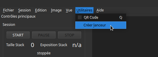 L'image montre une capture d'écran d'une interface logicielle avec un thème sombre. La barre de menu supérieure comprend des options telles que Fichier, Session, Édition, Image, Vue, Utilitaires et Aide. Le menu Utilitaires est développé, révélant deux options : QR Code et Créer lanceur, avec ce dernier surligné en bleu et un curseur pointant vers lui.