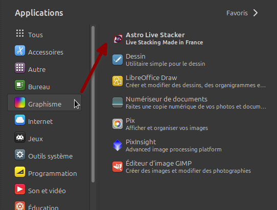 L'image montre une section d'un écran d'ordinateur affichant le menu 'Applications', mettant en évidence la catégorie 'Graphisme'. Le menu répertorie diverses applications liées aux graphismes disponibles sur le système, y compris Astro Live Stacker - Live Stacking Made in France. Le curseur pointe vers la catégorie 'Graphismes', indiquant qu'elle est actuellement sélectionnée.