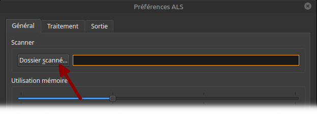 Capture d'écran des préférences ALS montrant l'onglet Général. Une flèche rouge pointe vers le bouton Dossier scanné...