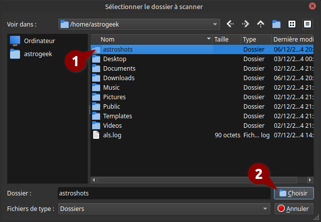 Boîte de dialogue de sélection de fichier intitulée 'Sélectionner dossier scanné' avec le dossier astroshots surligné sous le répertoire de l'utilisateur astrogeek. Le bouton Choisir est surligné, indiquant que l'utilisateur est sur le point de confirmer la sélection.