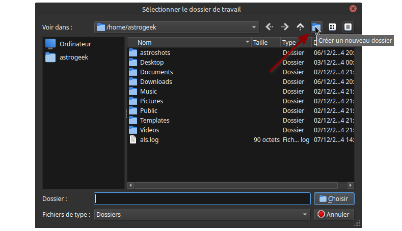 Boîte de dialogue de sélection de fichier intitulée 'Sélectionner le dossier de travail' affichant le contenu du répertoire /home/astrogeek, montrant divers dossiers et un fichier journal. Une flèche rouge pointe vers le bouton 'Créer un nouveau dossier', indiquant l'option de créer un nouveau dossier.