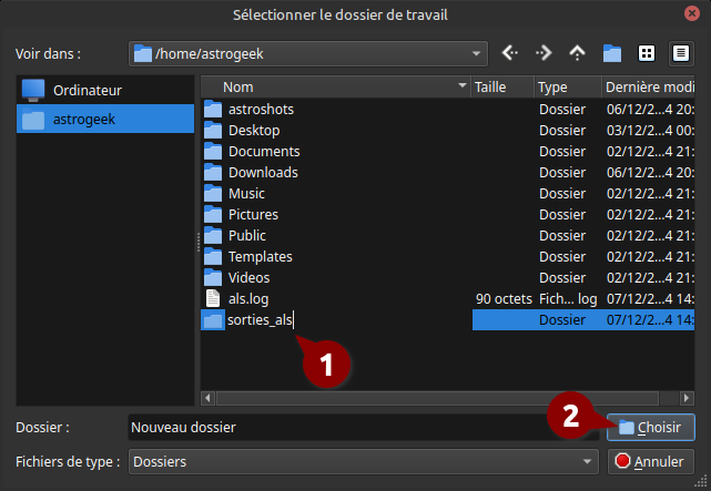 Boîte de dialogue de sélection de fichier intitulée 'Sélectionner le dossier de travail' affichant le contenu du répertoire /home/astrogeek, y compris plusieurs dossiers et un fichier journal. Le nouveau dossier nommé als_output est surligné, et le bouton Choisir est surligné, indiquant que l'utilisateur est sur le point de confirmer la sélection.