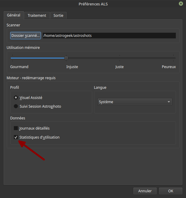 Capture d'écran des préférences ALS montrant l'onglet Général. La section Données est mise en une flèche rouge pointe vers une case servant à activer les Statistiques d'utilisation.