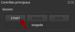 Section des contrôles principaux d'ALS avec la sous-section Session, montrant les boutons START, PAUSE et STOP. Le bouton START est surligné avec une flèche rouge pointant vers lui. En dessous, des indicateurs pour la taille de la stack (0) et l'exposition de la pile (n/a) sont affichés. Le statut indique 'stoppée'.