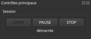 Section des contrôles principaux d'ALS avec la sous-section Session, montrant les boutons START, PAUSE et STOP. En dessous de ces boutons, des indicateurs pour la taille de la stack (0) et l'exposition de la stack (n/a) sont affichés. Le statut indique 'démarrée' avec une flèche rouge pointant vers lui.