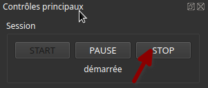 Section des contrôles principaux dans l'interface du logiciel ALS, plus précisément la zone Session affichant les boutons START, PAUSE et STOP. Le bouton STOP est surligné avec une flèche rouge pointant vers lui. En dessous des boutons se trouvent la taille de la stack (200) et l'exposition de la stack (0:13:20). Le statut indique 'démarrée'.