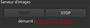 La section serveur d'images, contenant les 2 boutons START (grisé) et STOP, le statut : démarré et l'URL du serveur