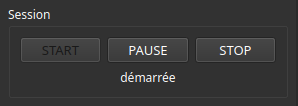 Interface utilisateur de la section session montrant les boutons START, PAUSE et STOP. En dessous, des informations sur la session actuelle : Taille Stack 39, Exposition Stack 0:02:36, et statut démarrée.