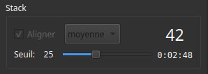 Interface utilisateur de la section stack montrant une case à cocher intitulée Aligner, cochée, et un menu déroulant avec l'option moyenne sélectionnée. En dessous, un curseur intitulé Seuil réglé à 19, positionné vers le côté gauche de sa plage.