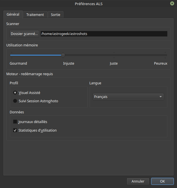 Fenêtre de préférences ALS avec l'onglet Général sélectionné, affichant les sections Chemins, Profil, Gestion de la mémoire et Paramètres de base, y compris les chemins des dossiers de numérisation et de travail, les options de profil, le curseur de mémoire, le paramètre de langue, les journaux de débogage et les statistiques d'utilisation.