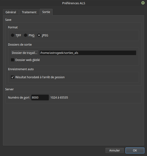 Fenêtre de préférences ALS avec l'onglet Sortie sélectionné, affichant les paramètres pour les options de format de sauvegarde de fichier, l'enregistrement automatique à l'arrêt, la configuration du numéro de port du serveur, la période de rafraîchissement de la page web et une case à cocher pour le dossier dédié.