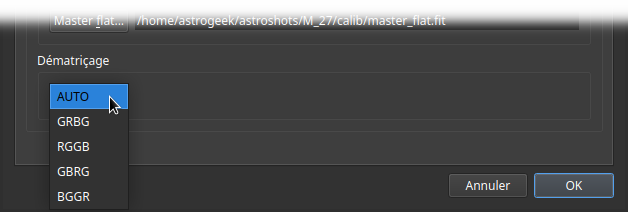 Interface logicielle affichant les préférences de traitement d'image avec des options pour définir le chemin de signal noir et sélectionner le motif de dématriçage, y compris AUTO et divers motifs de filtres de couleur.