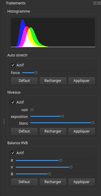 Le panneau Traitements de ALS, incluant les sections Histogramme, Auto Stretch, Niveaux, et Balance RVB avec leurs curseurs et contrôles associés.