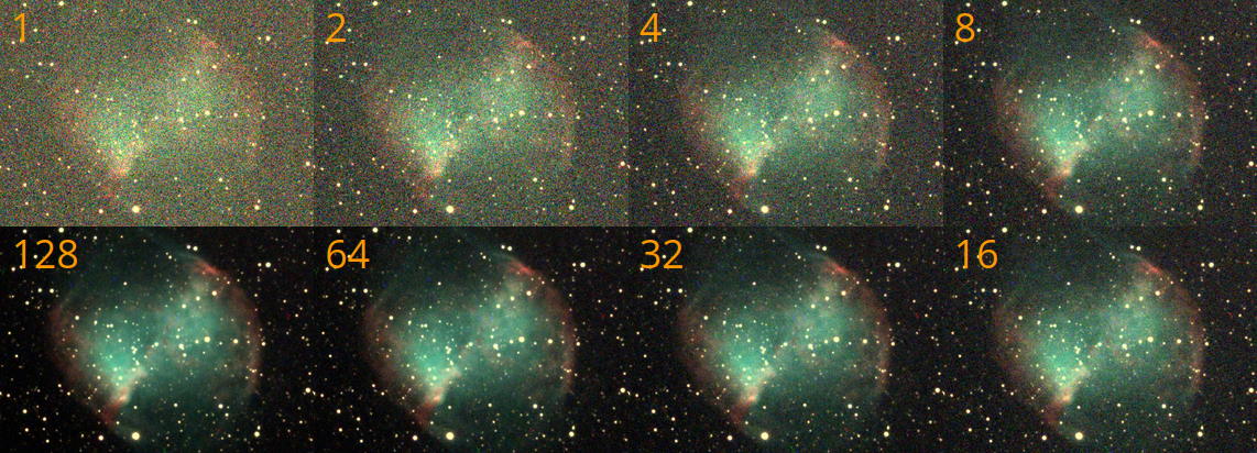 A sequence of eight nebula images, each labeled with the number of subs used: 1, 2, 4, 8 (top row) and 128, 64, 32, 16 (bottom row). The image improves as subs increase.